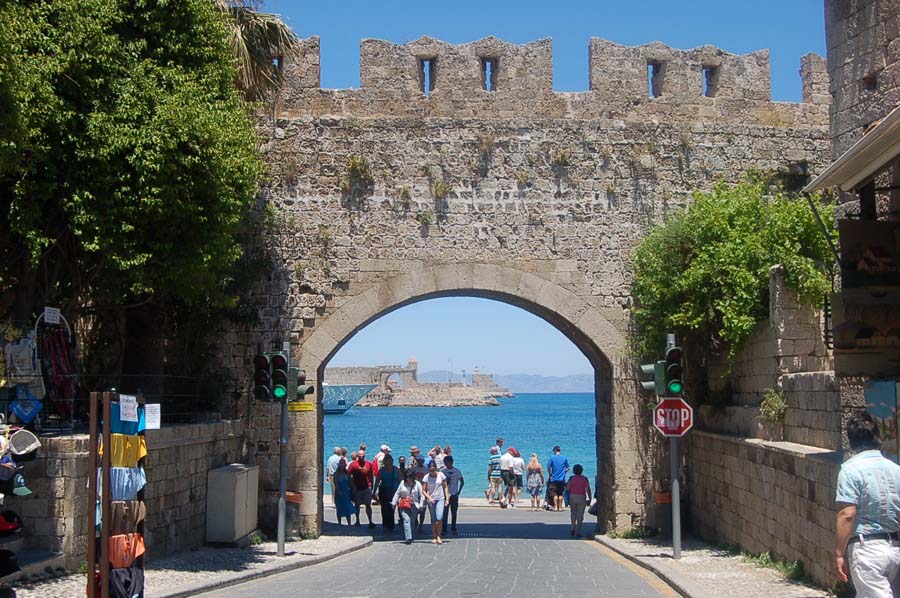 The Old Town part of Rhodes, Greece is still surrounded by its impressive medieval wall. 