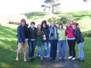 Amanda with friends in Hobbiton