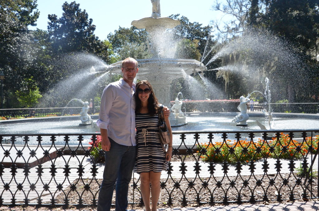 My husband and I in Forsyth Park in Savannah, Georgia